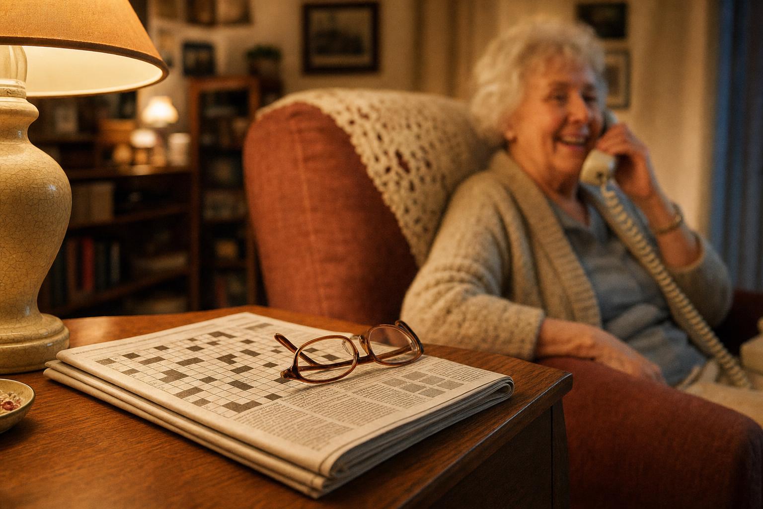 A folded newspaper crossword and reading glasses set aside on a side table while an older woman talks happily on the phone in the background