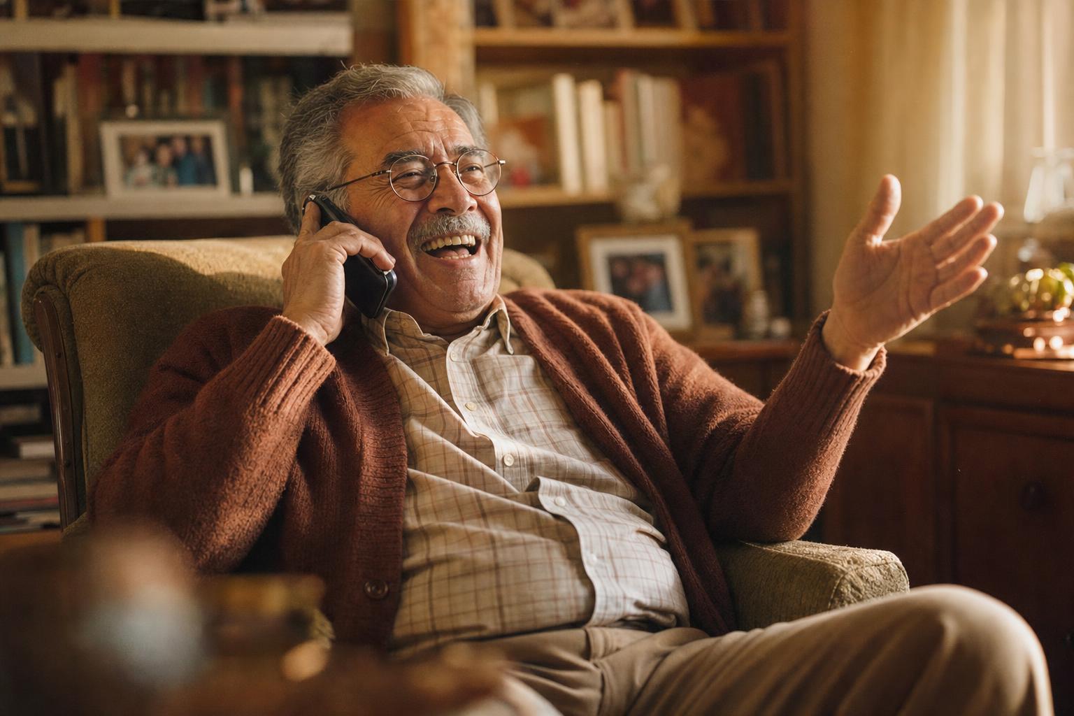 An older man laughing on a phone call, gesturing with his free hand in a warm, lived-in sitting room