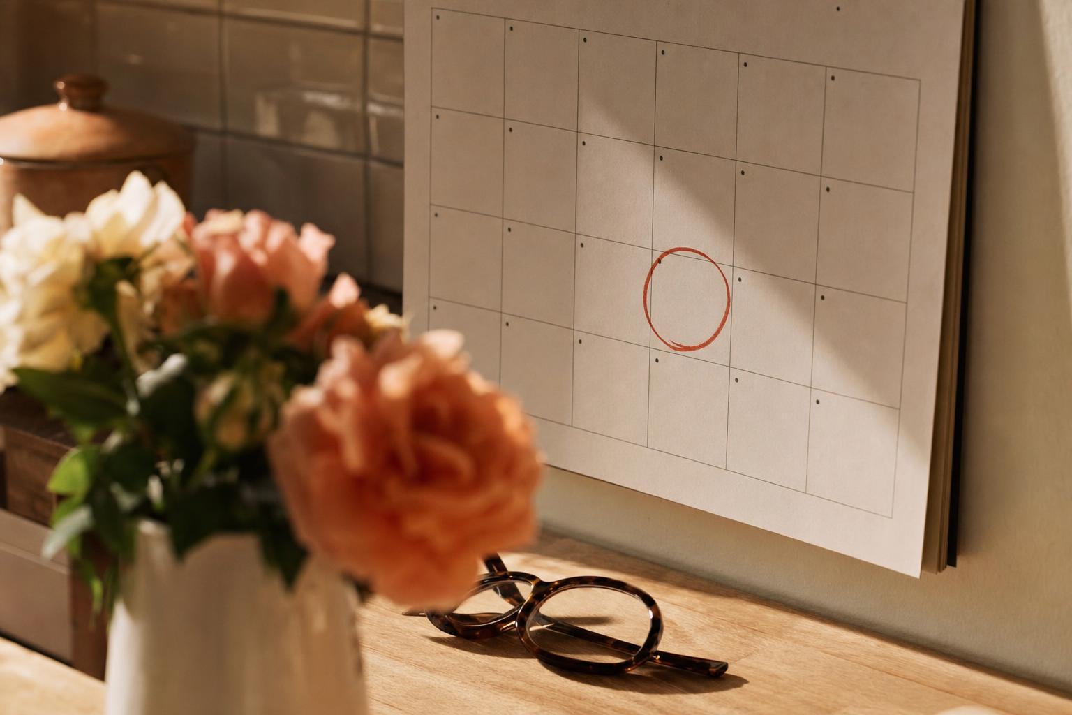 A wall calendar with a phone call noted in pen, reading glasses resting beside it