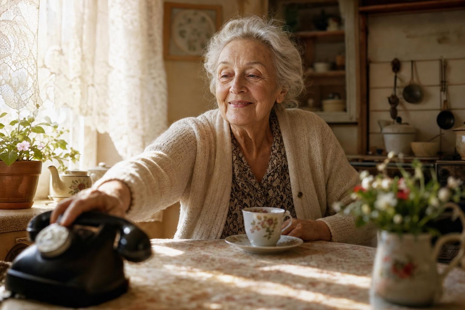 An older woman at her kitchen table in warm morning light, smiling as she reaches for the ringing telephone