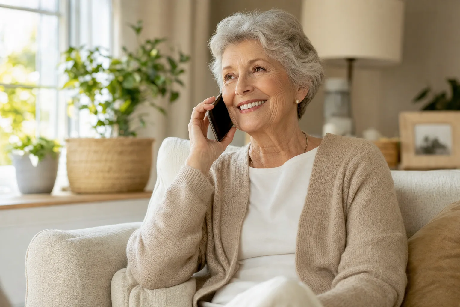 An elegant older woman at home, alone but content, smiling warmly on the phone