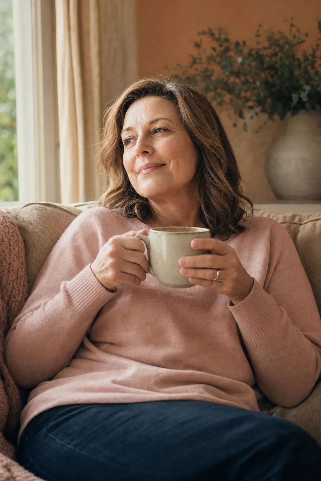A caregiver in her fifties sitting back on the sofa with a mug of coffee, taking a quiet moment to herself