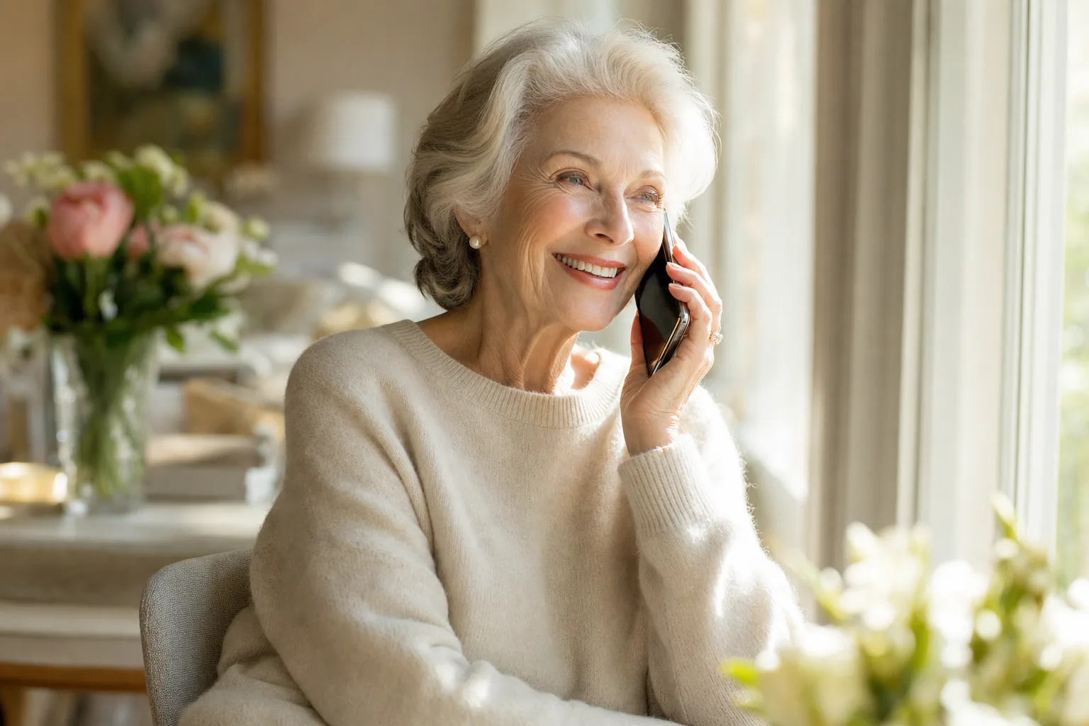 A silver-haired woman laughing on the phone by a sunlit window